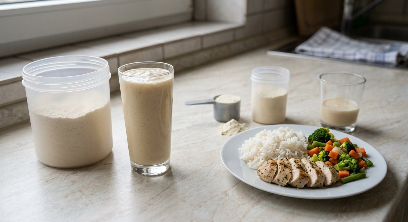 Links eine große Dose mit einem vollen Glas Shake als Mahlzeitenersatz, rechts eine kleine Dose Proteinpulver neben einer normalen Mahlzeit mit einem kleinen Glas Shake als Ergänzung
