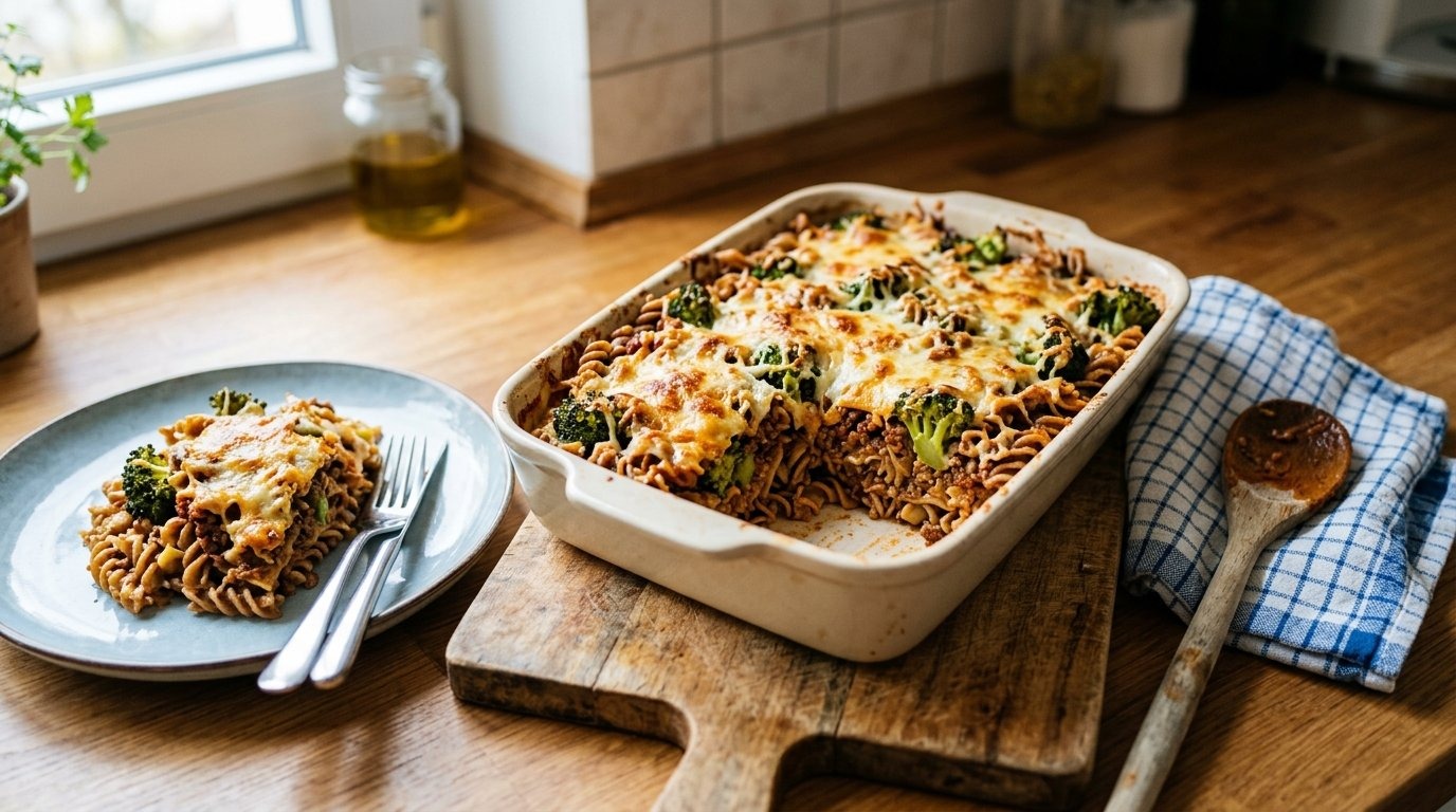 Beitragsbild: Proteinreicher Nudelauflauf mit Hackfleisch und Brokkoli