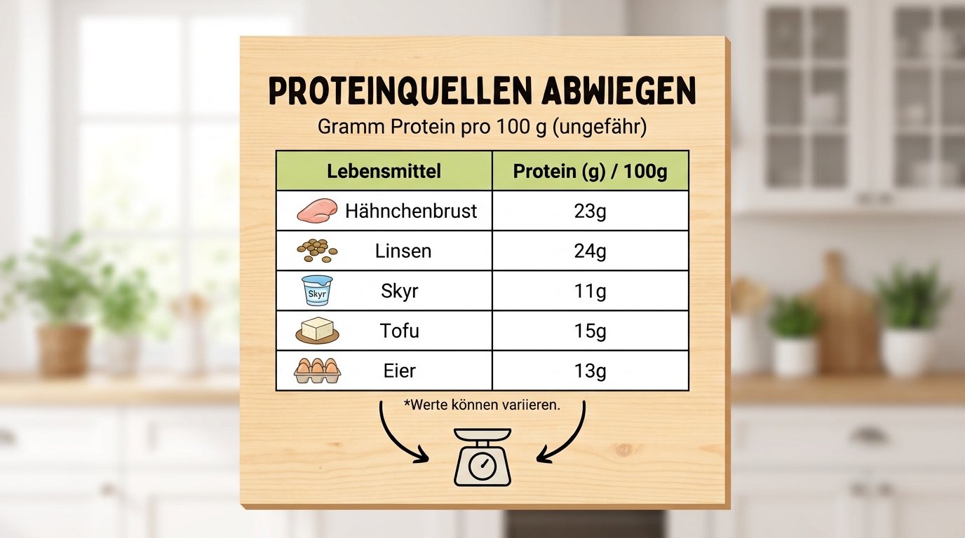 Tafel mit einer Übersicht gängiger Proteinquellen und ihrem ungefähren Proteingehalt pro 100 Gramm: Hähnchenbrust, Linsen, Skyr, Tofu und Eier