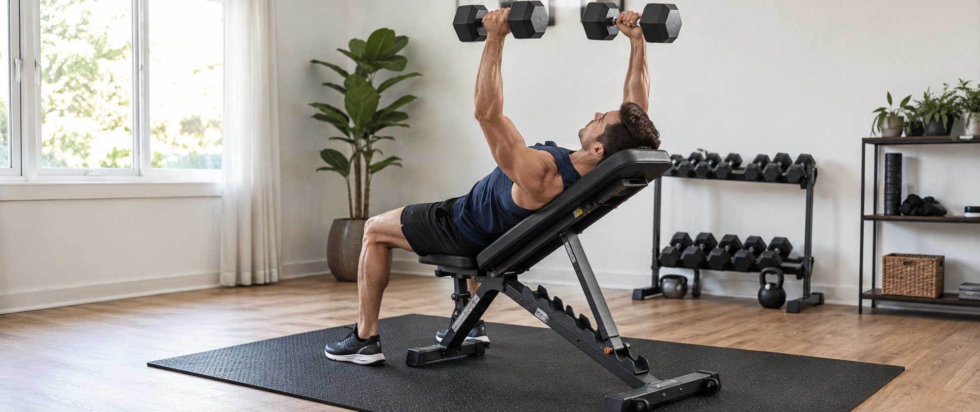 Trainingsbank im Home-Gym für Bankdrücken und weitere Kurzhantel-Übungen