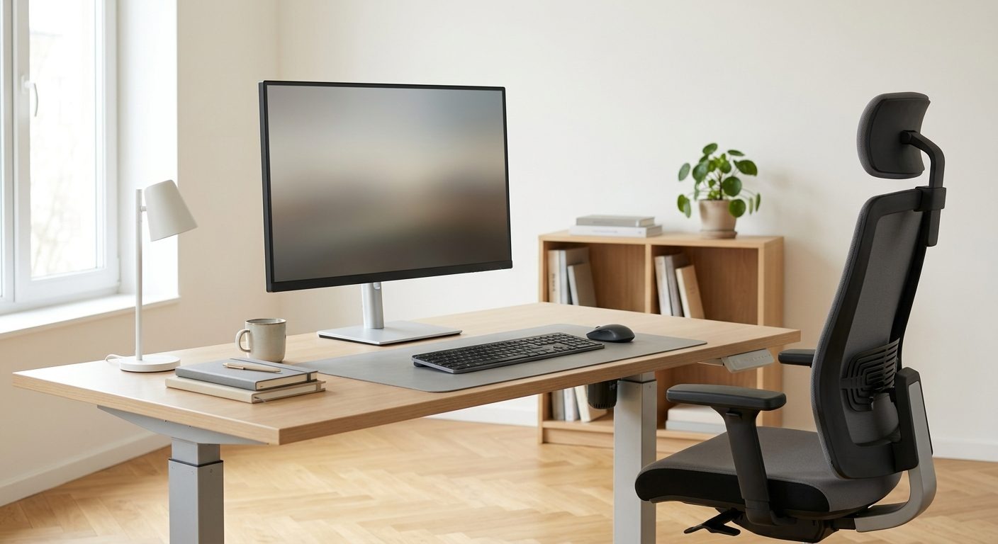 Ergonomisch eingerichteter Schreibtisch mit Monitor auf Augenhöhe und höhenverstellbarem Gestell