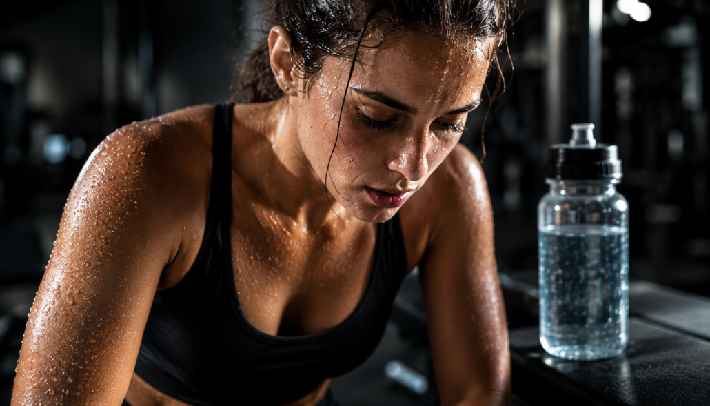 Athletin schwitzt beim intensiven Krafttraining im Gym – Flüssigkeitsverlust und Hydration beim Sport