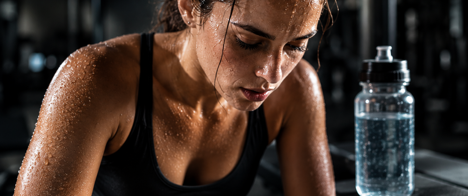 athletin-schwitzt-gym-fluessigkeitsverlust-hydration-sport Athletin schwitzt beim intensiven Krafttraining im Gym – Flüssigkeitsverlust und Hydration beim Sport