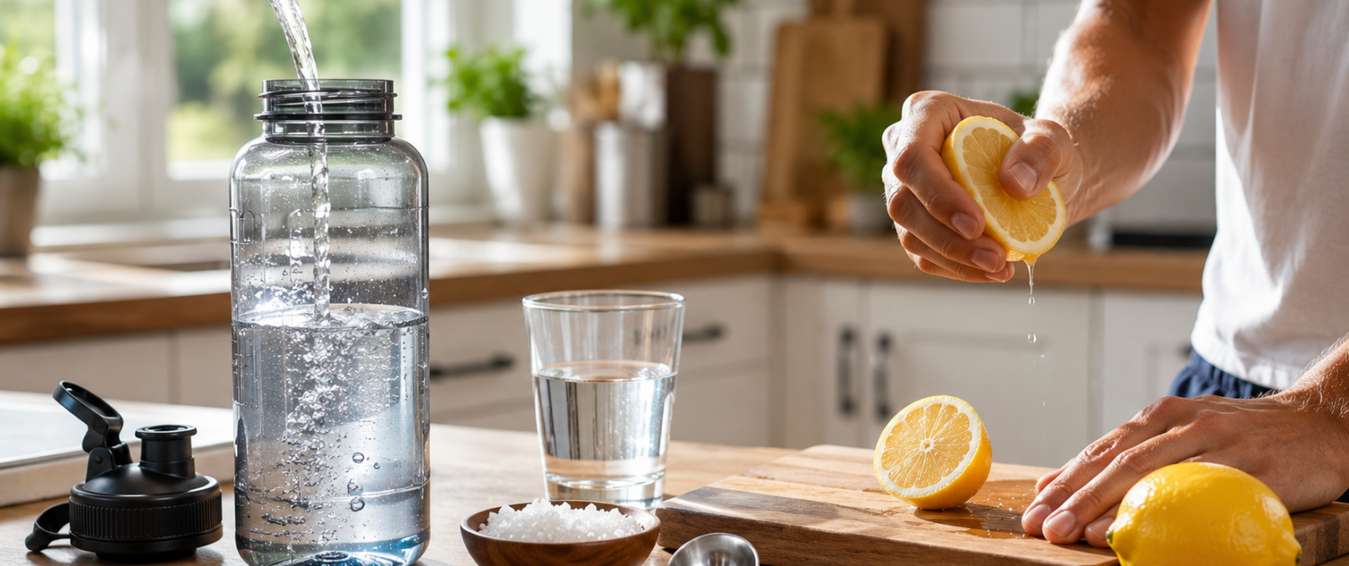 diy-sportgetraenk-selber-machen-zitrone-meersalz-wasserflasche Sportgetränk selber machen: Sportwasserflasche mit Zitrone, Meersalz und Messbecher auf heller Küchenarbeitsplatte