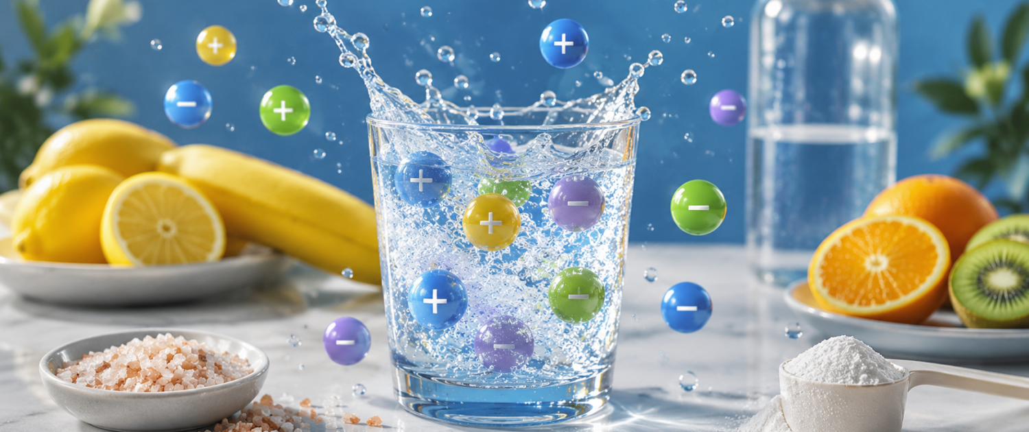 elektrolyte-sport-hydration-mineralwasser-zitrusfruechte-salz-pulver Erfrischendes Mineralwasser mit Wassersplash, Zitrusfrüchten, Banane, Salz und Elektrolytpulver als Symbol für Flüssigkeitshaushalt und Mineralstoffversorgung beim Sport.