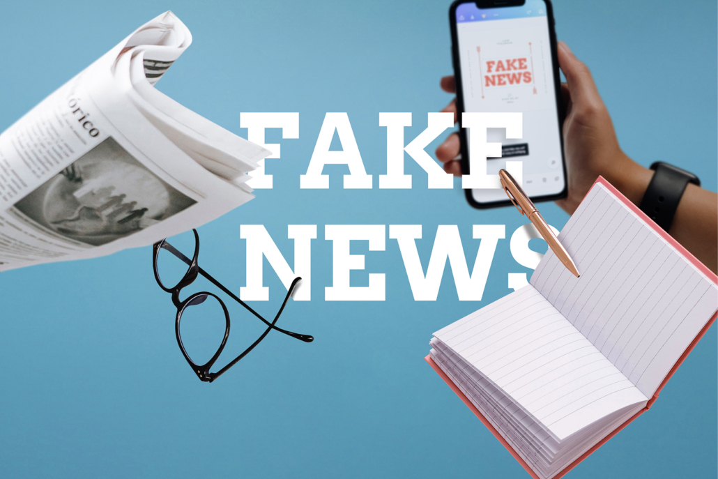 fake news words surrounded by instruments used by media informing people