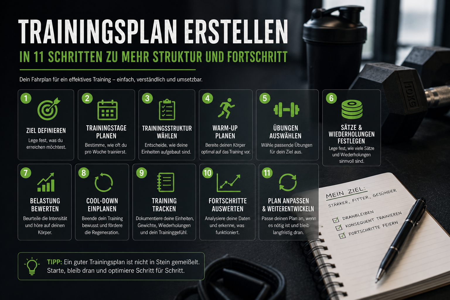 Infografik mit 11 Schritten zum Erstellen eines Trainingsplans mit Zieldefinition, Trainingsstruktur, Übungen, Tracking und Fortschrittsauswertung.