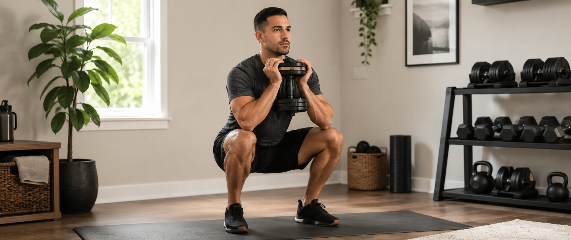 verstellbare-kurzhanteln-training-zuhause Person trainiert mit verstellbaren Kurzhanteln im Home-Gym – Grundübung fürs Krafttraining zuhause